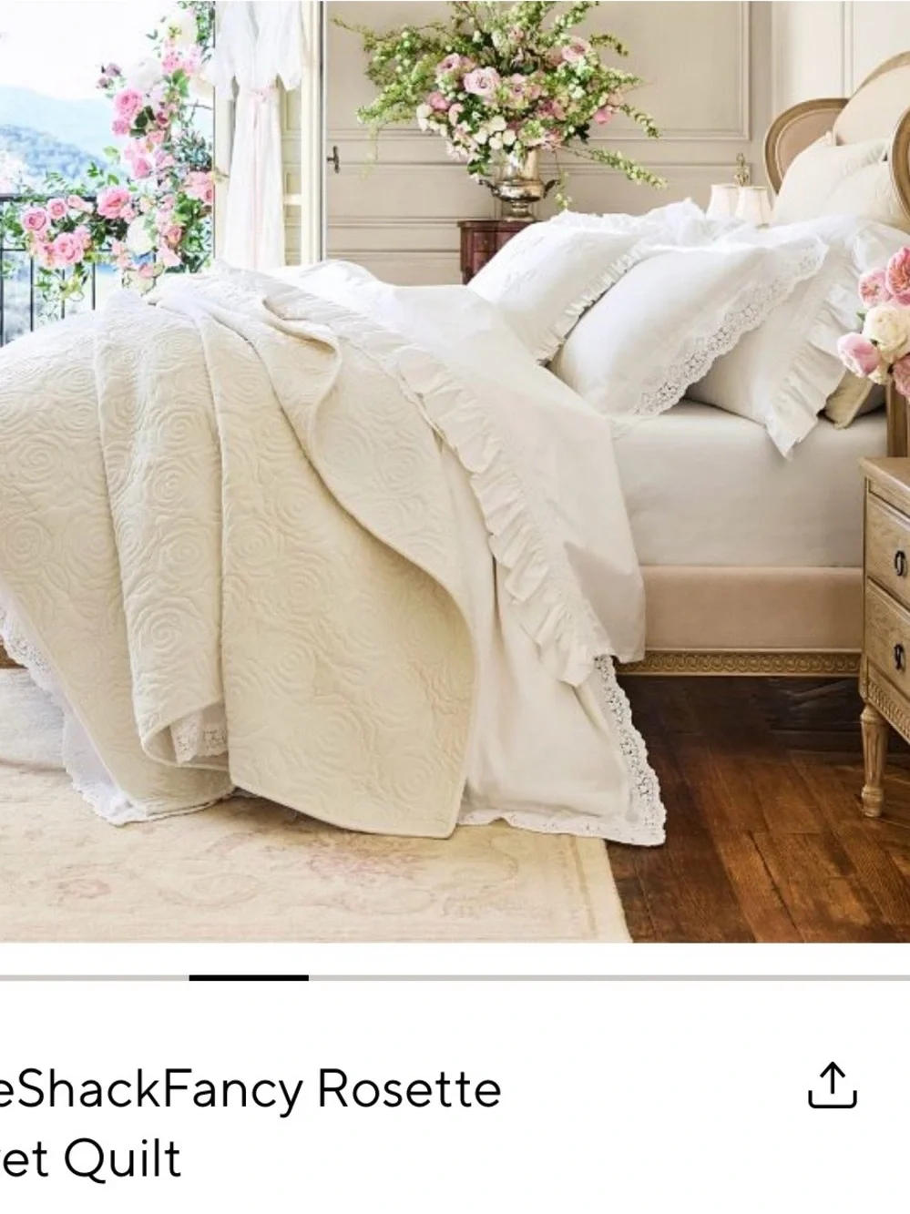 LoveShackFancy Cream Quilted Rosette Bedspread with Floral Accents